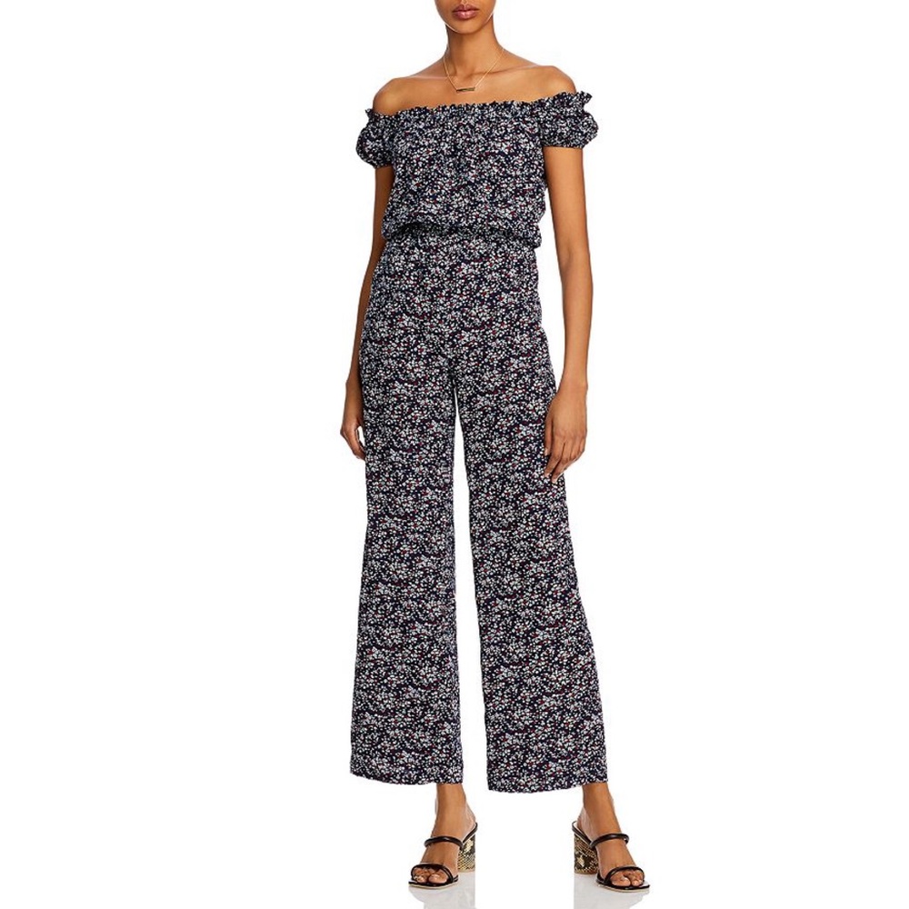 Aqua NWT Printed Off Shoulder Short Bubble Sleeve Jumpsuit Navy Floral Small New